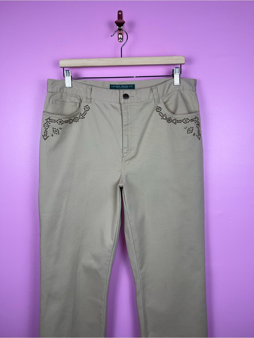 Lauren Jeans Co Ralph Lauren Bootcut Pants 14 Khaki Floral Studs - Picture 3 of 9